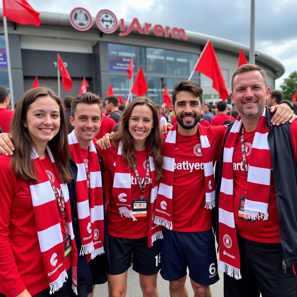 Fans von Bayer 04 Leverkusen versammeln sich vor der BayArena