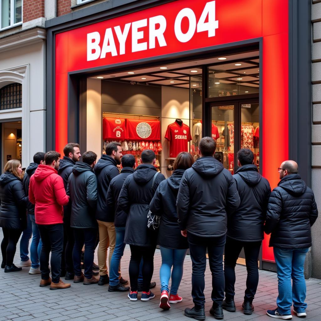 Fans stehen Schlange vor dem Bayer 04 Leverkusen Fanshop am Hemmelrather Weg 201