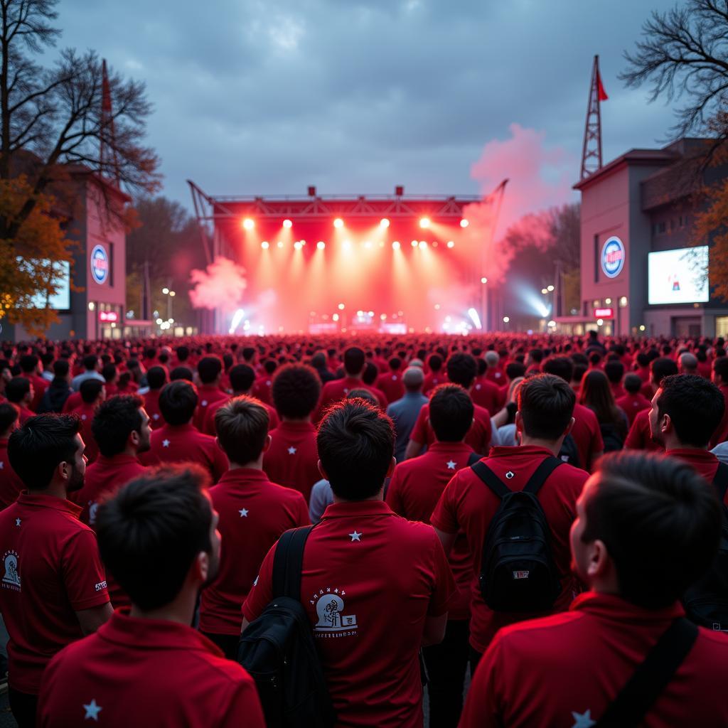 Fans von Bayer Leverkusen versammeln sich vor dem Stadion an der Alten Landstraße