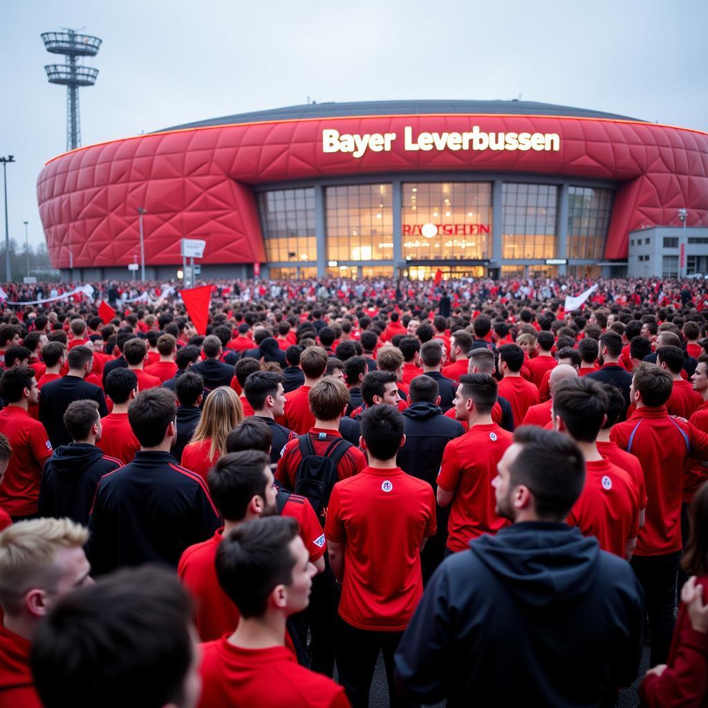 Bayer Leverkusen Fans versammeln sich vor der BayArena