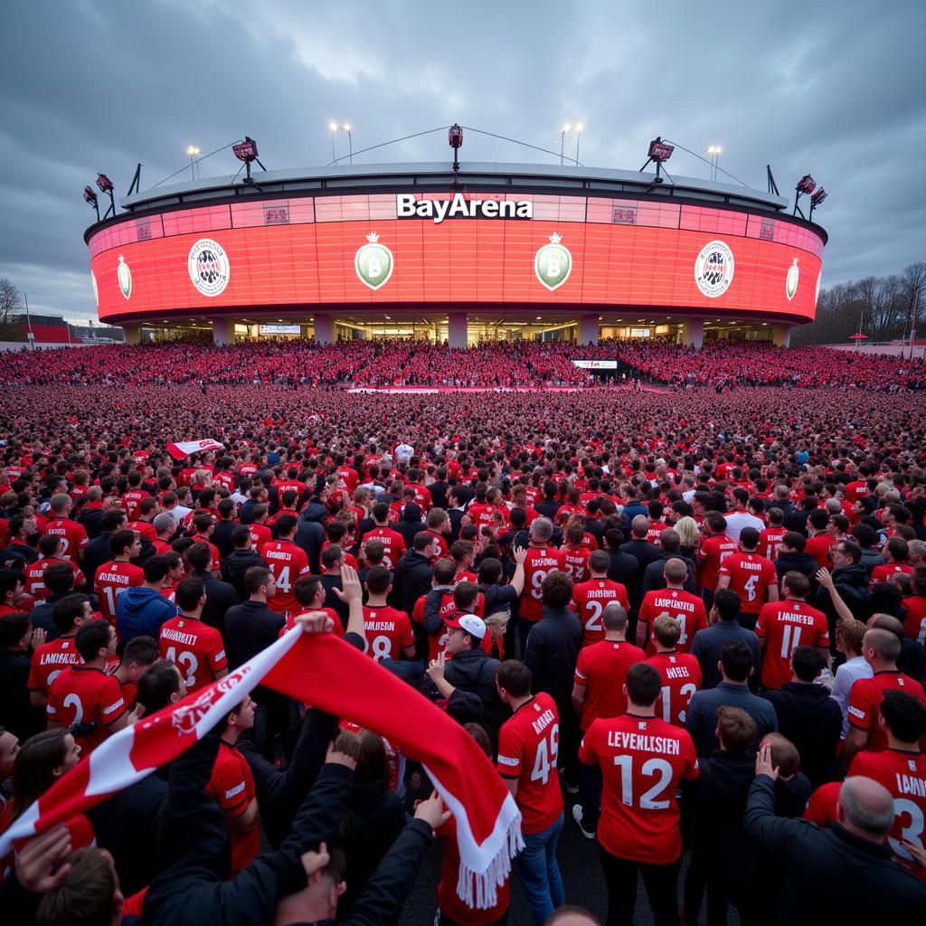 Fans in Leverkusen Trikots versammeln sich vor der BayArena