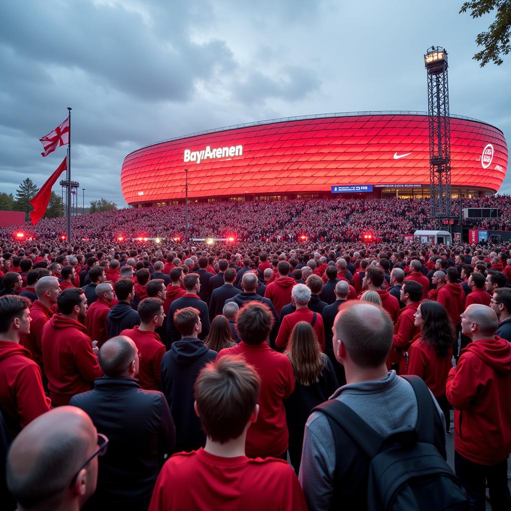 Fans von Bayer Leverkusen versammeln sich vor der BayArena am Hemmelrather Hof