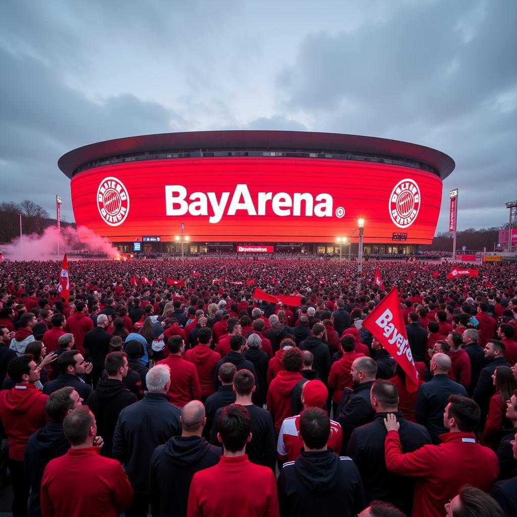 Fans von Bayer 04 Leverkusen versammeln sich vor der BayArena