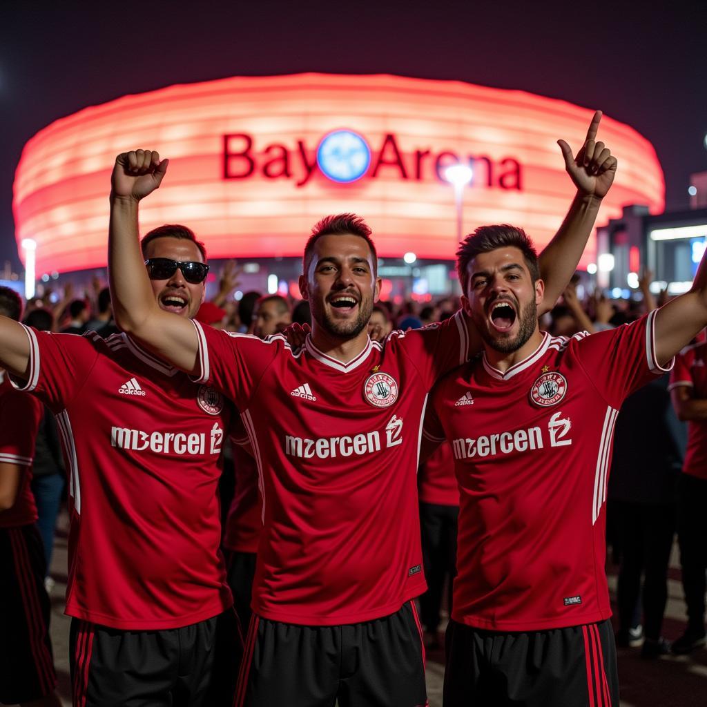 Fans in Leverkusen Trikots feiern vor der BayArena