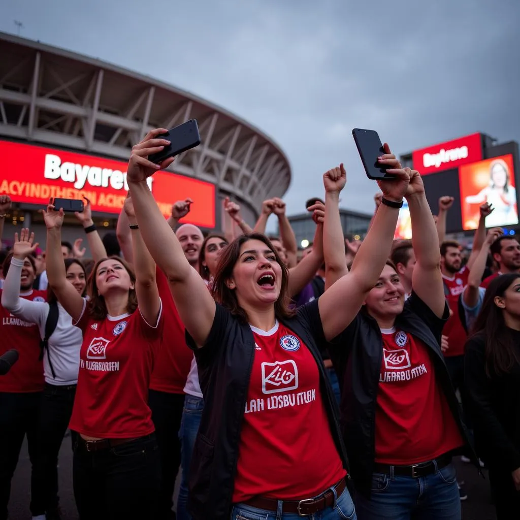 Fans vor der BayArena mit Smartphones