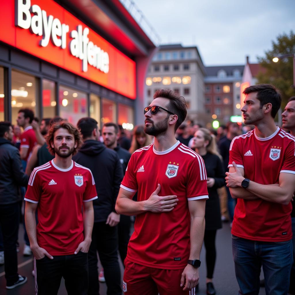 Fans von Bayer 04 Leverkusen warten gespannt vor der BayArena auf die Auslosung