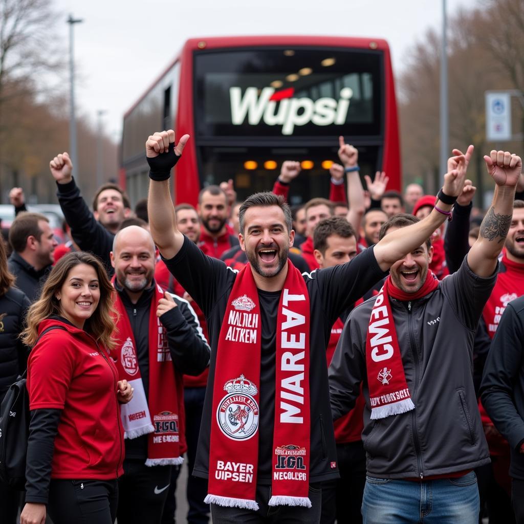 Fans steigen aus dem Wupsi Bus an der BayArena