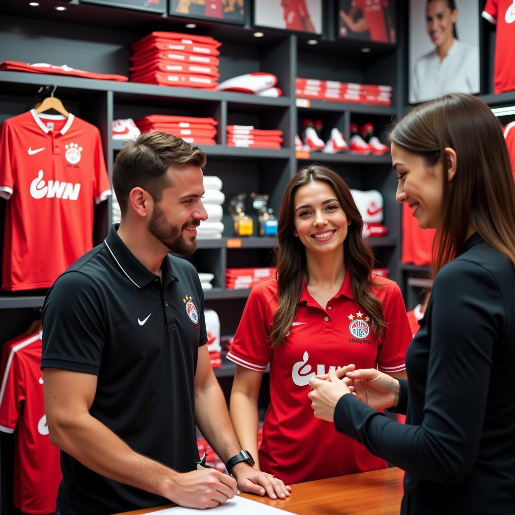 Fanshop-Mitarbeiter berät Kunden