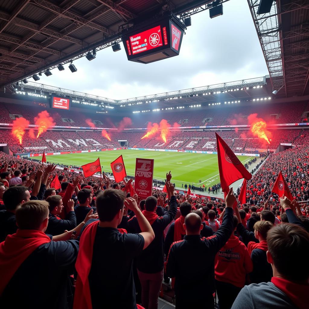 Fans von 1. FCK und Bayer Leverkusen im Stadion