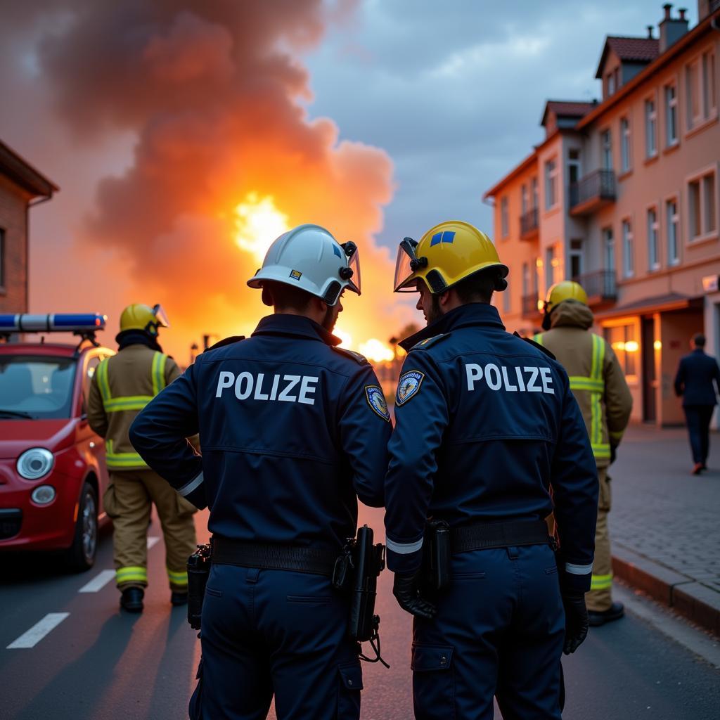 Zusammenarbeit Feuerwehr und Polizei Leverkusen - Einsatzkräfte vor einem Gebäude.