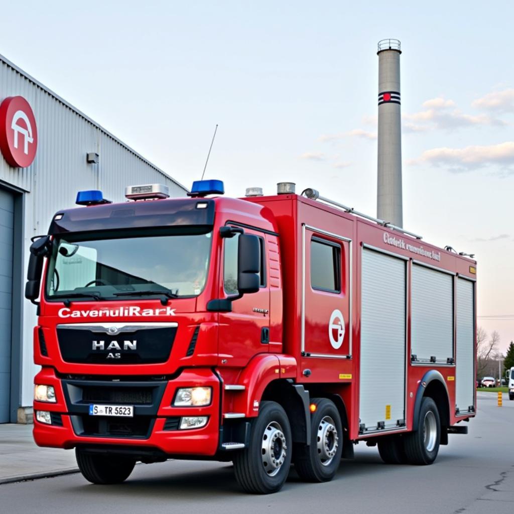 Feuerwehrwagen vor einer Industrieanlage im ChemPark Leverkusen