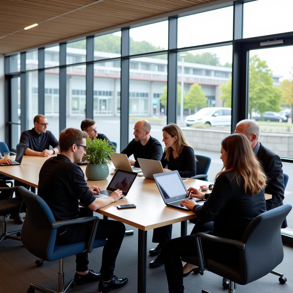 Meeting mit Laptops und Tablets im Stadion von Bayer 04