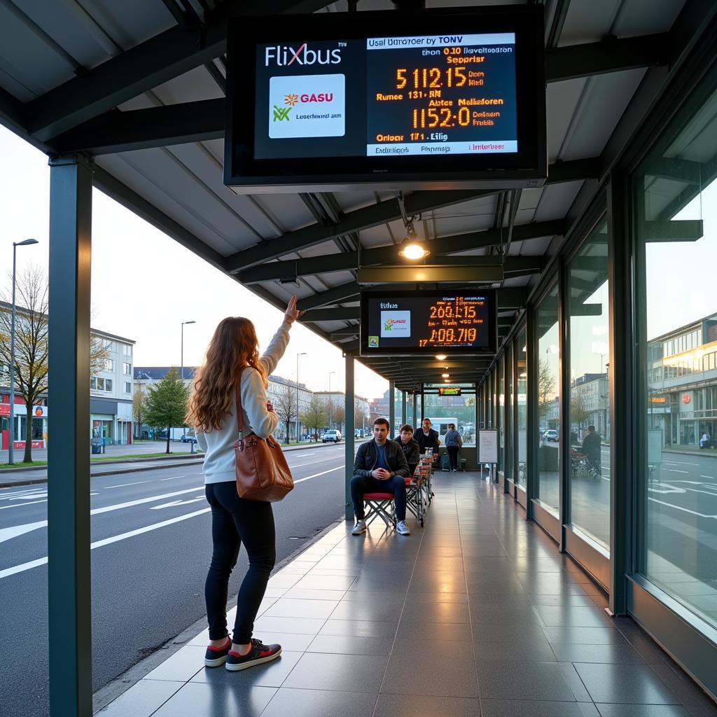 Flixbus Haltestelle in Leverkusen: Moderne und gut ausgestattete Haltestelle mit digitalen Anzeigen und Sitzmöglichkeiten.