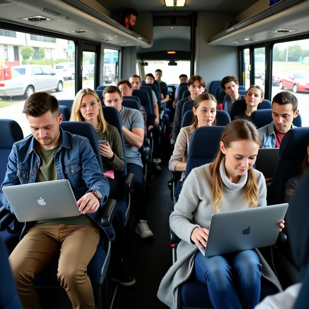 Komfortable Flixbus Reise von Leverkusen: Fahrgäste entspannen sich in bequemen Sitzen mit ausreichend Beinfreiheit und nutzen das kostenlose WLAN.