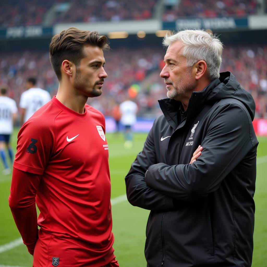 Florian Wirtz im Gespräch mit Bayer 04 Leverkusen Trainer Gerardo Seoane