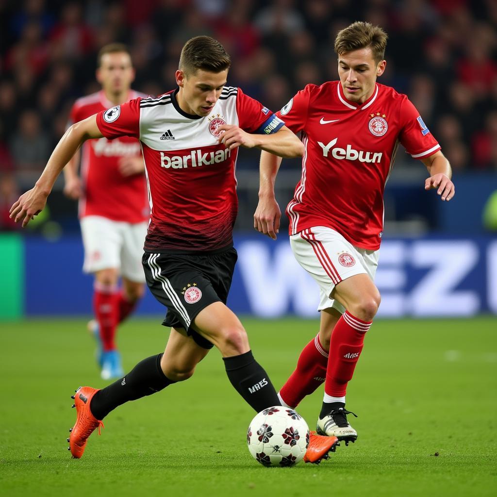 Florian Wirtz im Trikot von Bayer Leverkusen führt den Ball