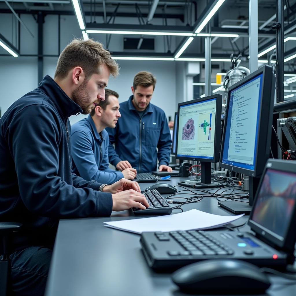 Ingenieure arbeiten an innovativen Automobiltechnologien in einem Leverkusener Forschungszentrum