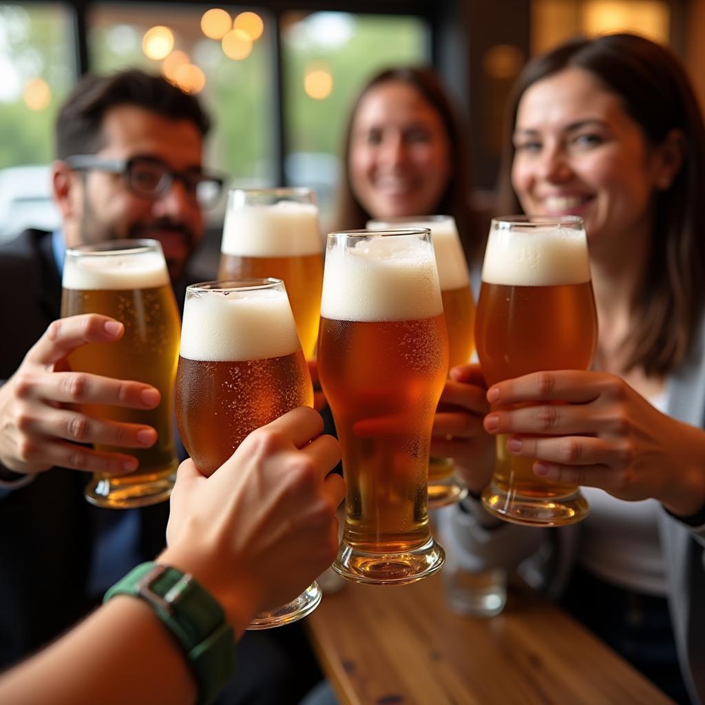 Eine Gruppe von Menschen stößt fröhlich mit Gläsern voll Früh Kölsch an.