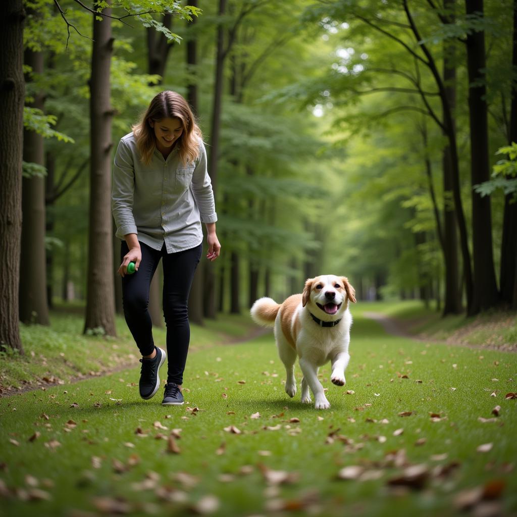 Eine Frau spielt mit ihrem Hund im Wald in Leverkusen