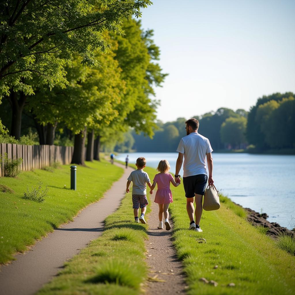 Familien beim Spaziergang am Rhein in Leverkusen