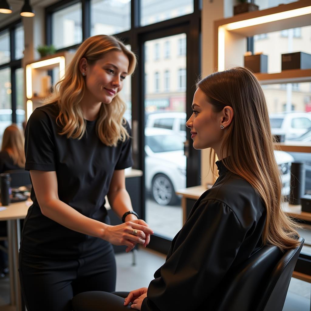 Friseur berät Kundin im Salon in Leverkusen.