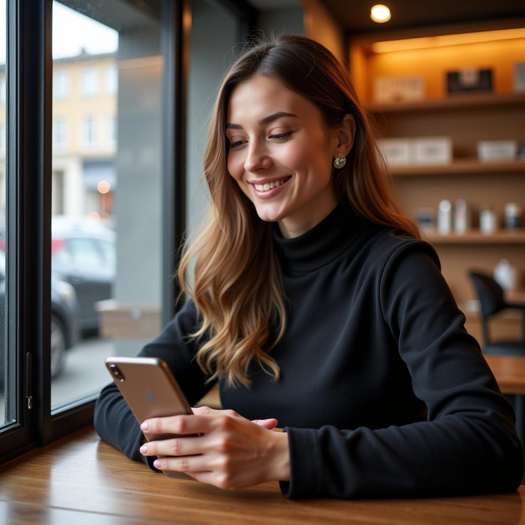 Frau liest Online-Bewertungen für Friseure in Leverkusen auf ihrem Smartphone