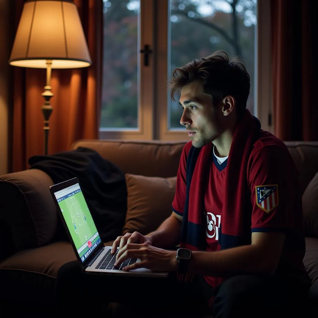 Fußballfan schaut Atletico Leverkusen auf Laptop