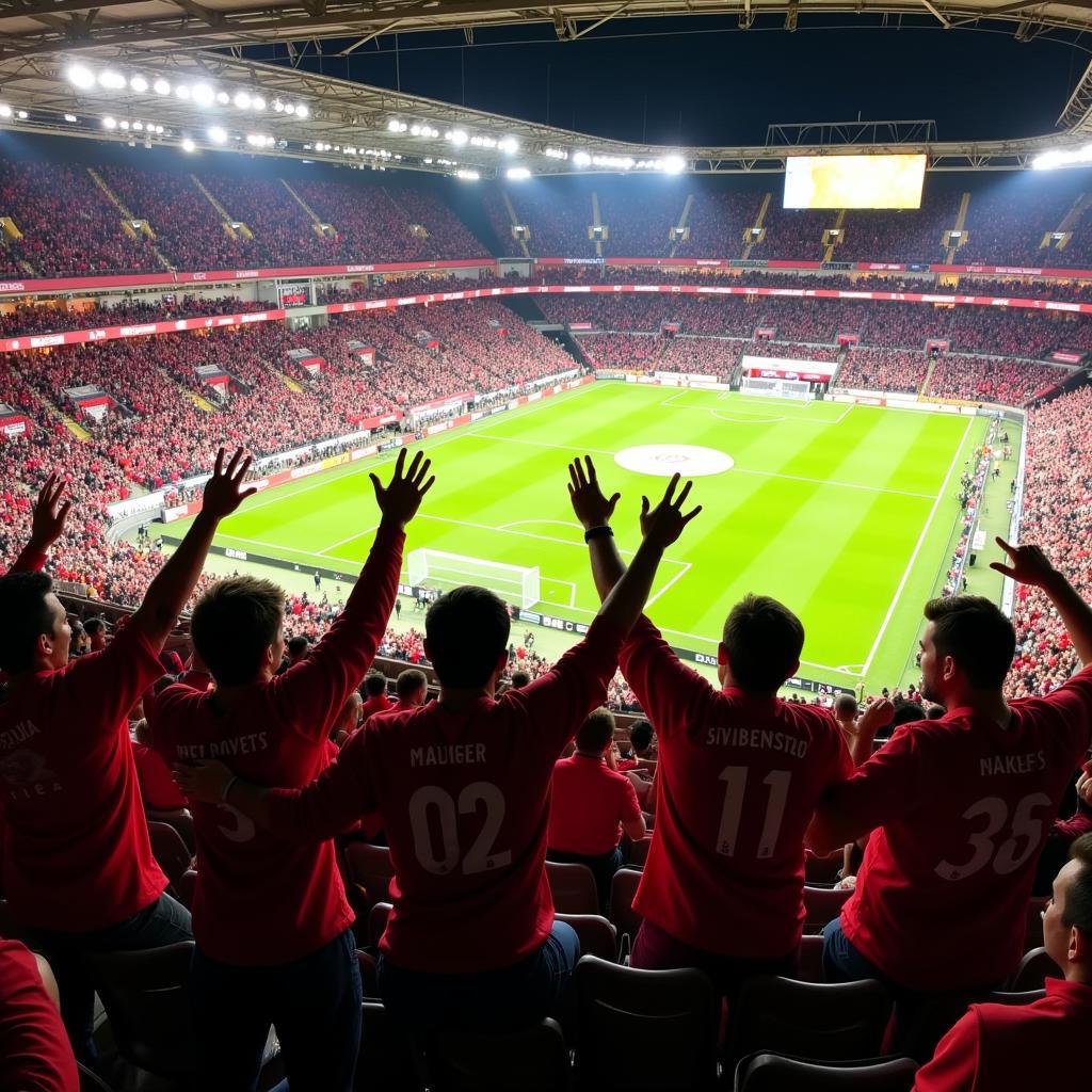 Jubelnde Bayer Leverkusen Fans in der BayArena