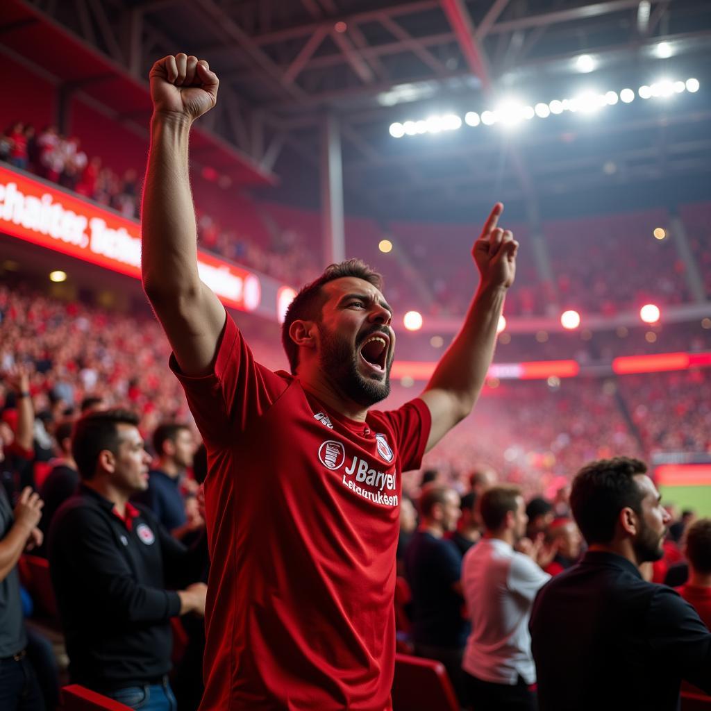 Fußballfans in der BayArena Leverkusen jubeln ihre Mannschaft an