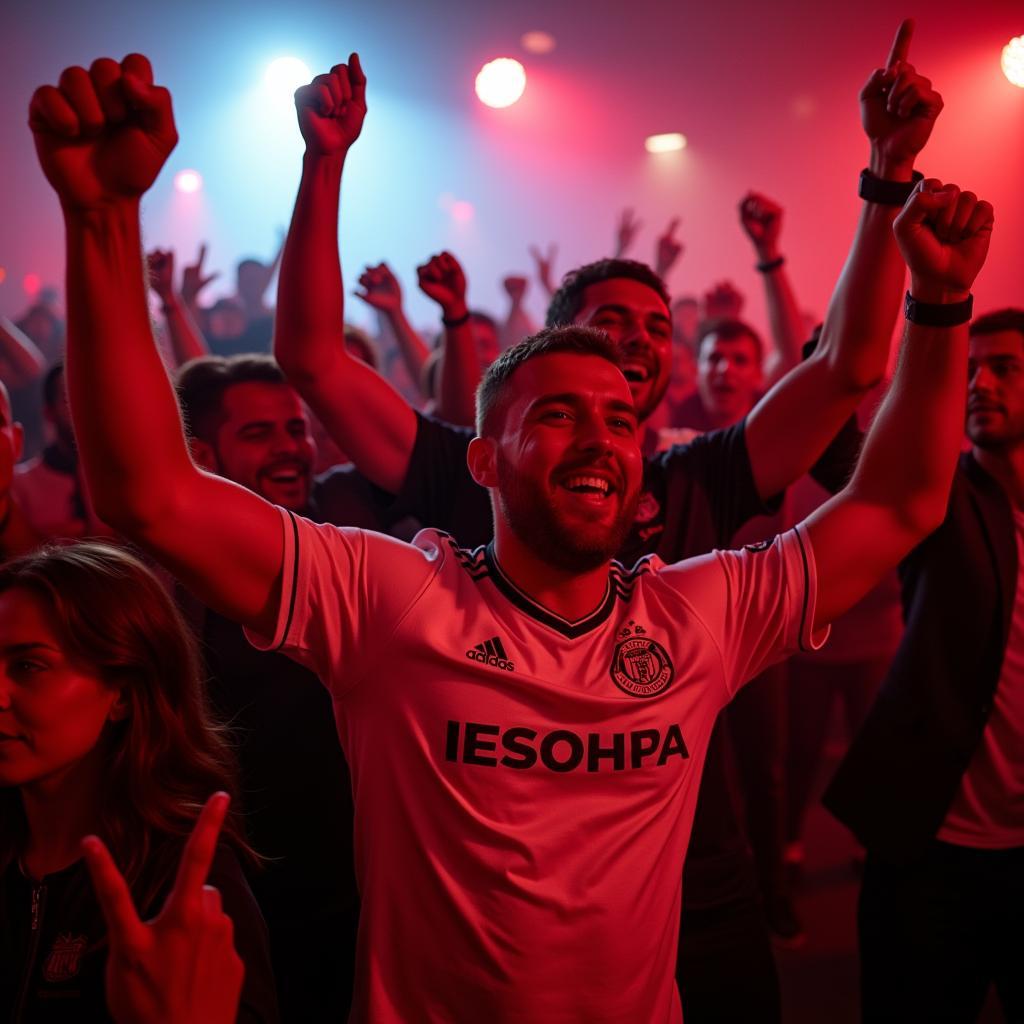 Fußballfans feiern ausgelassen in einem Partyraum in Leverkusen