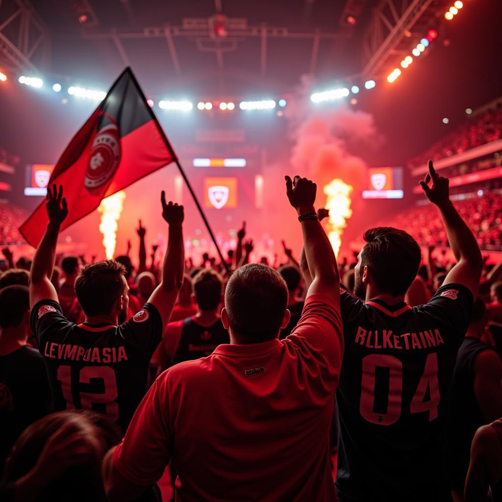 Fans von Bayer 04 Leverkusen feiern einen Sieg ihrer Mannschaft.