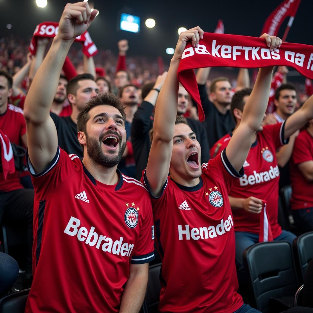 Fußballfans schauen sich ein Bayer Leverkusen Spiel an