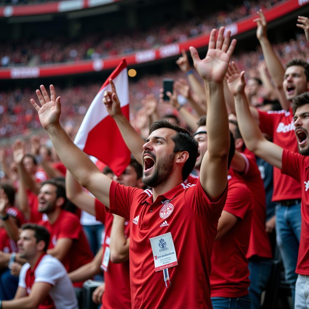 Fans von Bayer Leverkusen feiern in der BayArena.