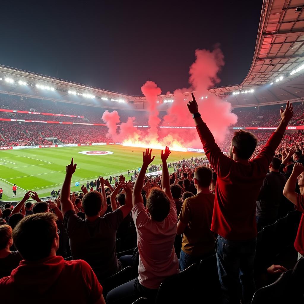 Fans von Bayer Leverkusen feiern gemeinsam einen Sieg im Ulrich-Haberland-Stadion.