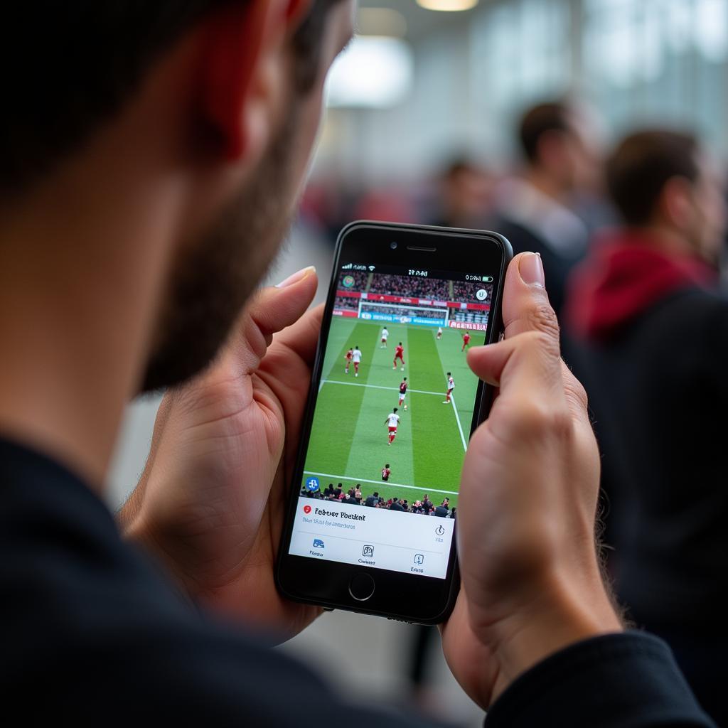 Live-Ticker auf dem Smartphone: Ein Fan verfolgt das Spiel von Bayer Leverkusen unterwegs.