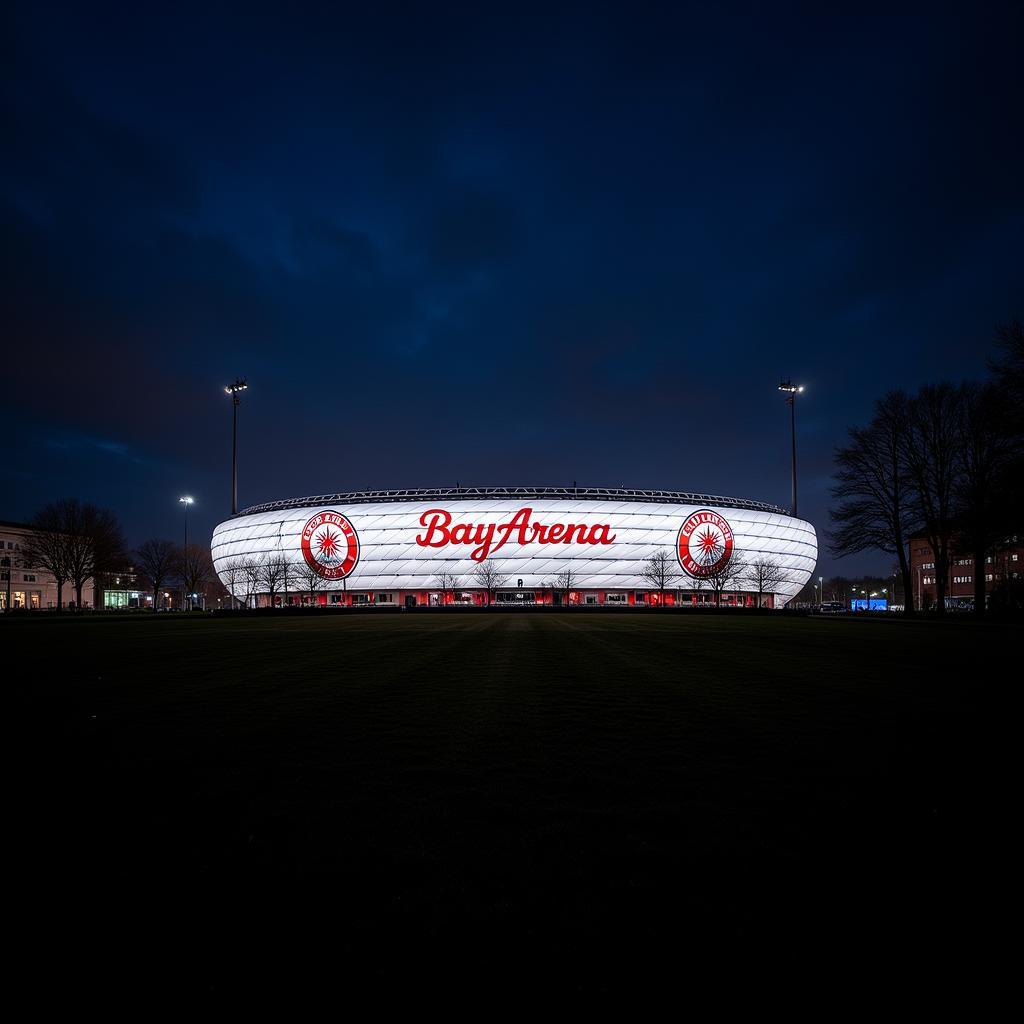 Die BayArena, das Heimstadion von Bayer 04 Leverkusen, bei Nacht.