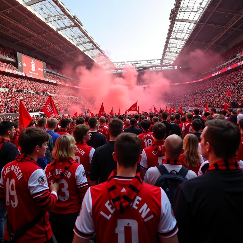 Fans von Bayer 04 Leverkusen strömen vor einem Spiel in Richtung Stadion