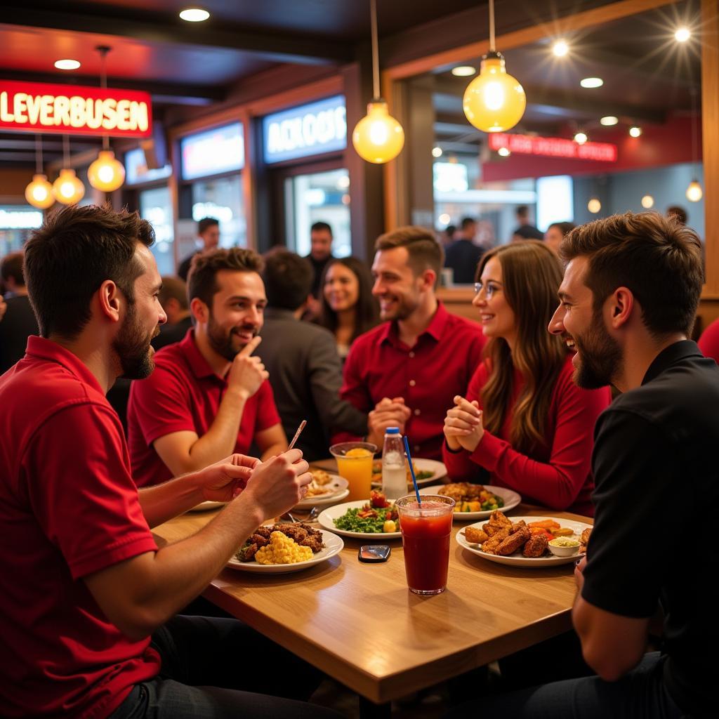 Fußballfans treffen sich am Grill am Markt in Leverkusen