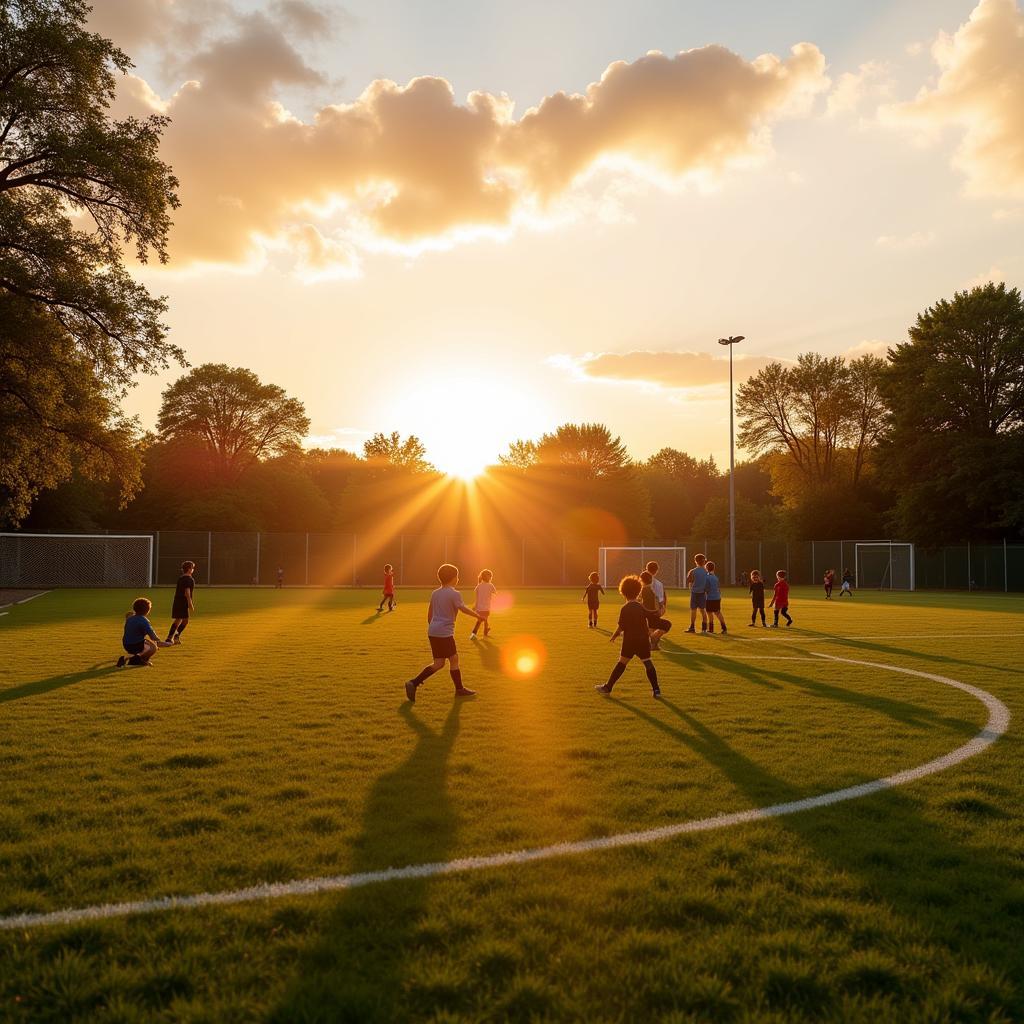 Ein Fußballplatz in Leverkusen im Sonnenuntergang