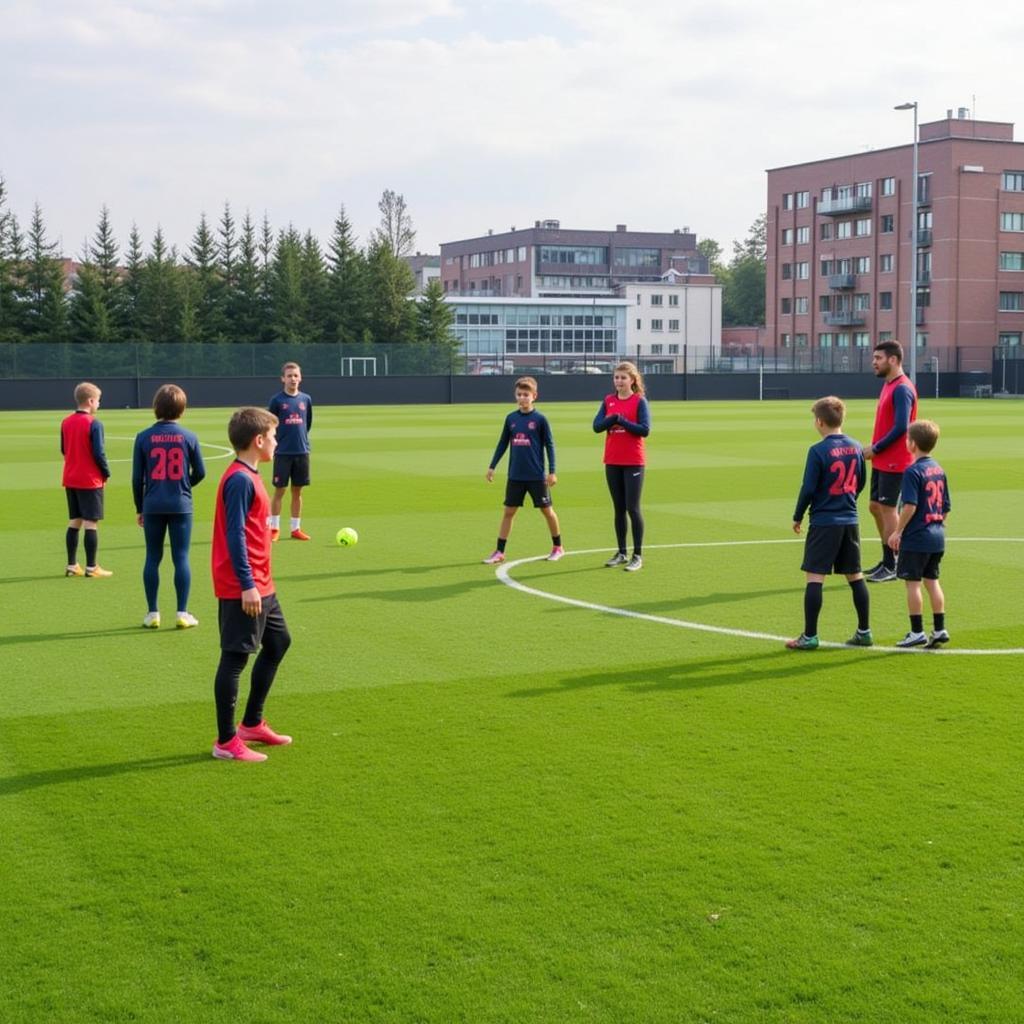 Junge Fußballspieler trainieren auf einem Fußballplatz in Leverkusen