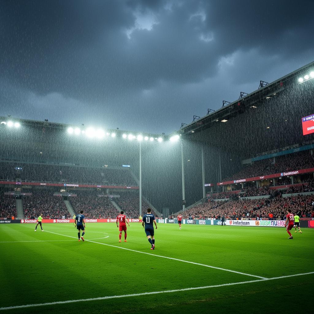 Fußballspiel in Leverkusen bei Regen