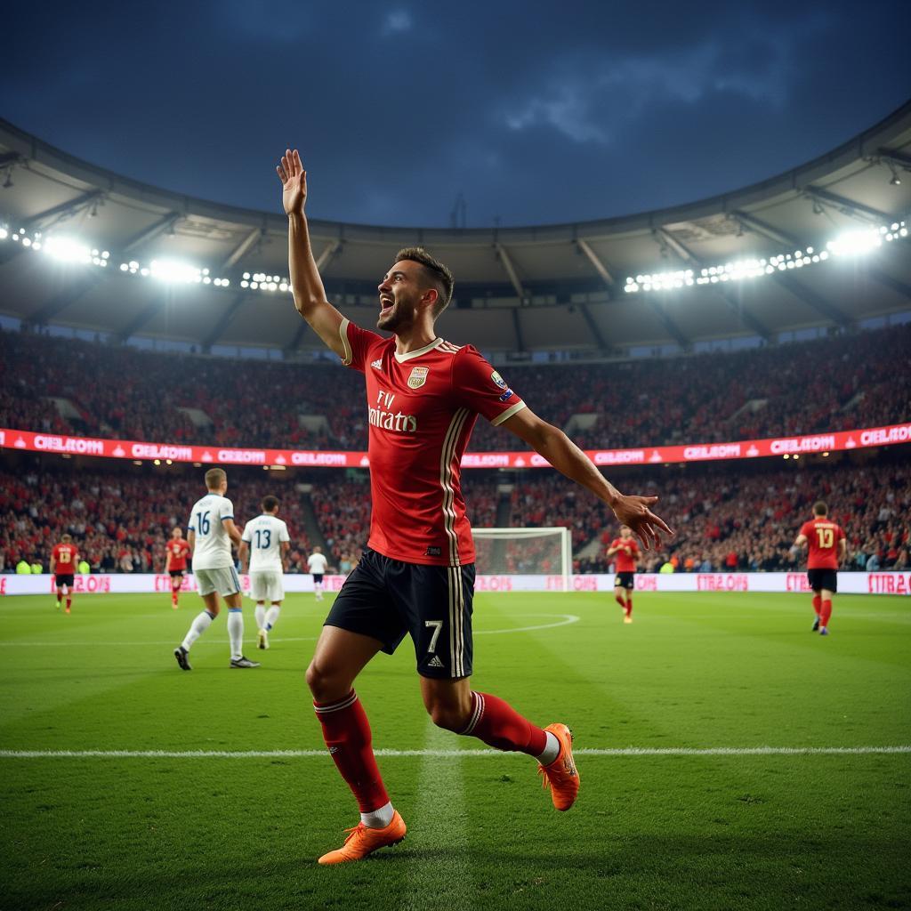 Fußballspieler feiert Tor mit den Fans in der BayArena