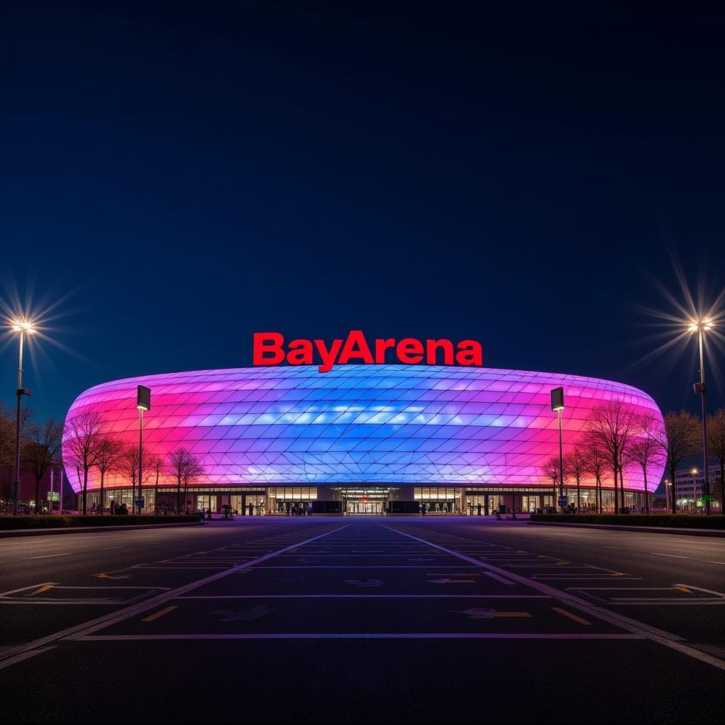 Die BayArena bei Nacht in Leverkusen