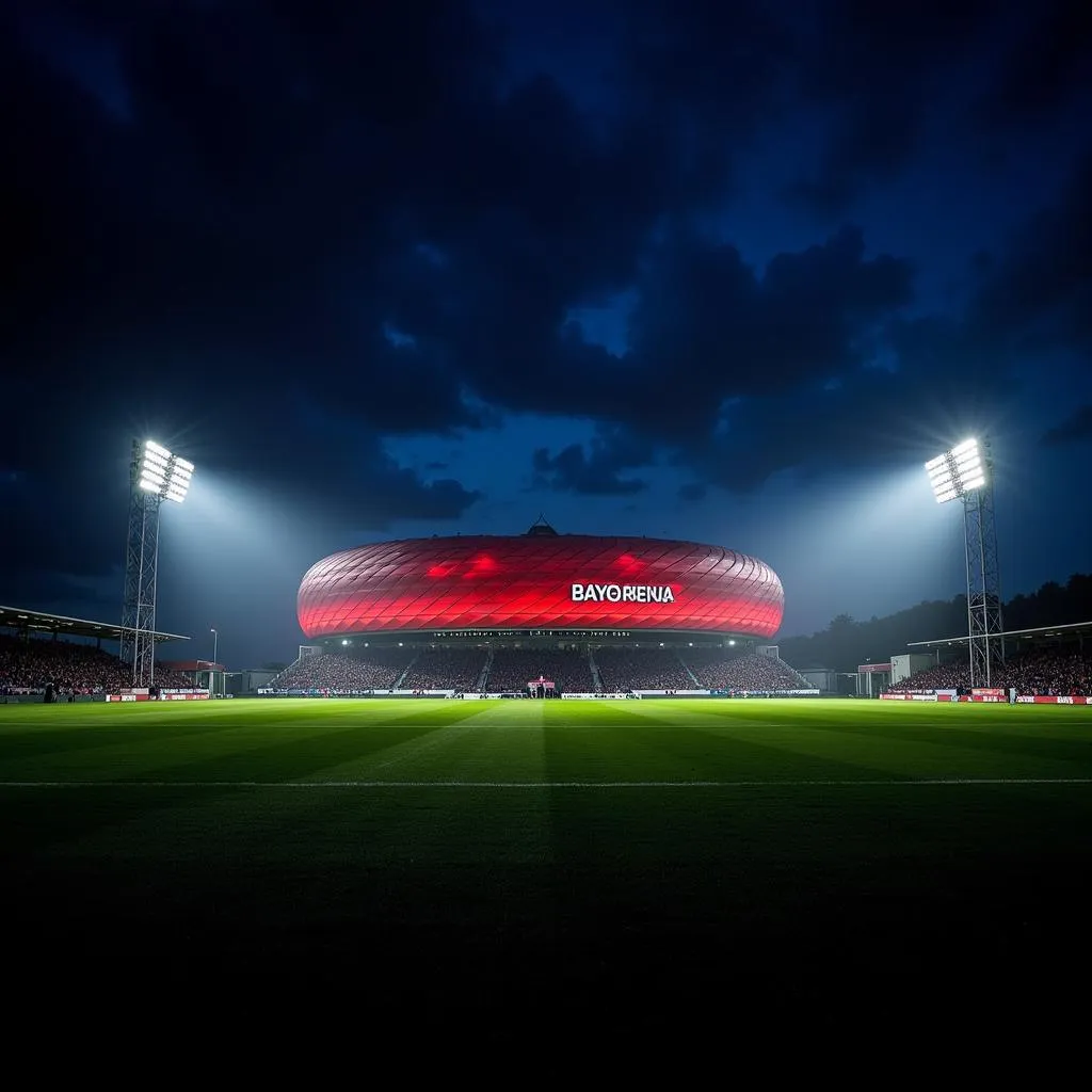 Das beleuchtete Fußballstadion BayArena in Leverkusen bei Nacht