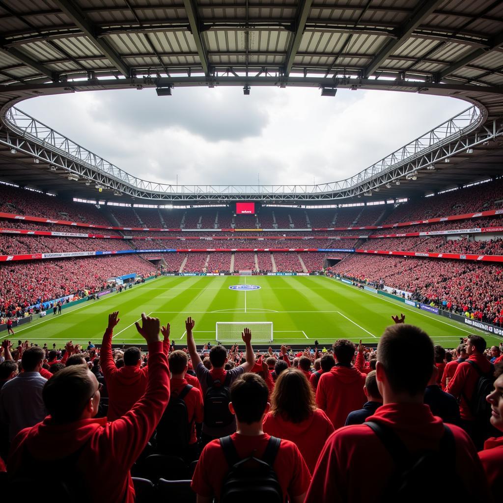 Volle Ränge im Fußballstadion Leverkusen mit jubelnden Fans