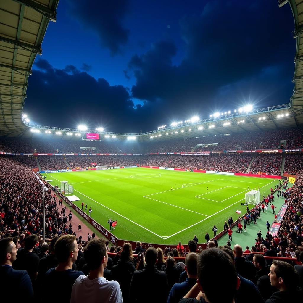 Fussballstadion Atmosphäre mit Flutlicht und jubelnden Fans