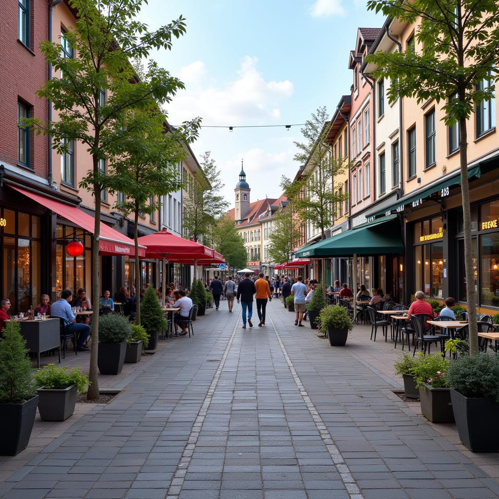 Lebendige Fußgängerzone in Leverkusen-Wiesdorf mit Geschäften und Restaurants