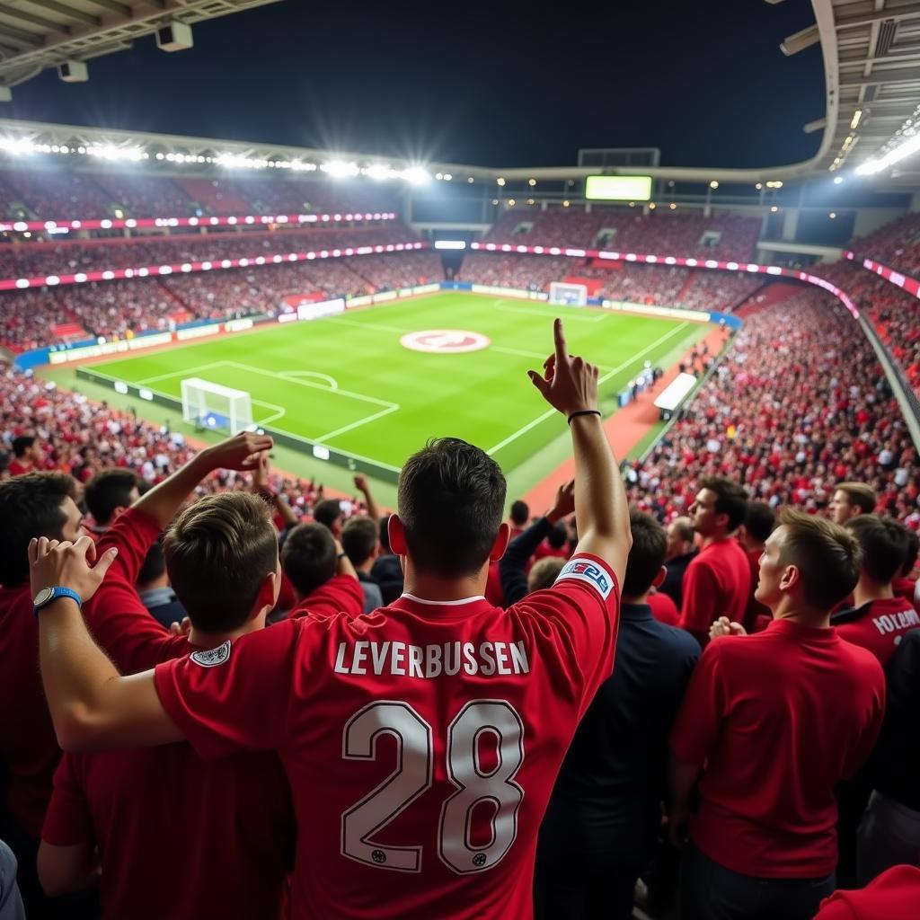 Fußballfans im Stadion bei einem Spiel von Bayer Leverkusen