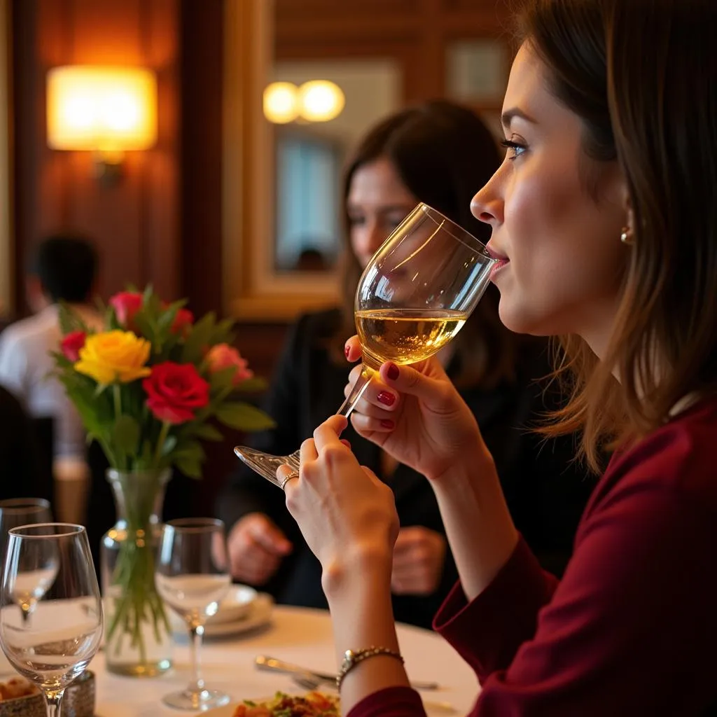 Ein Gast genießt ein Glas Wein in einem eleganten Restaurant