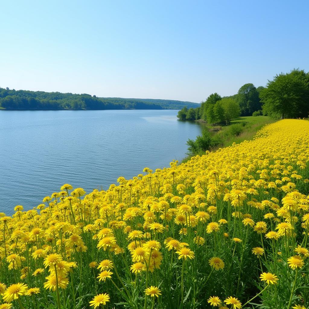 Leuchtend gelbe Blüten am Rheinufer in Leverkusen